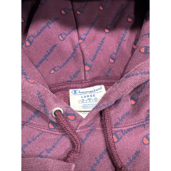 Champion Hoodie Adult Large Maroon Reverse Weave All Over‎ Print Logo Sweatshirt - Picture 2 of 5